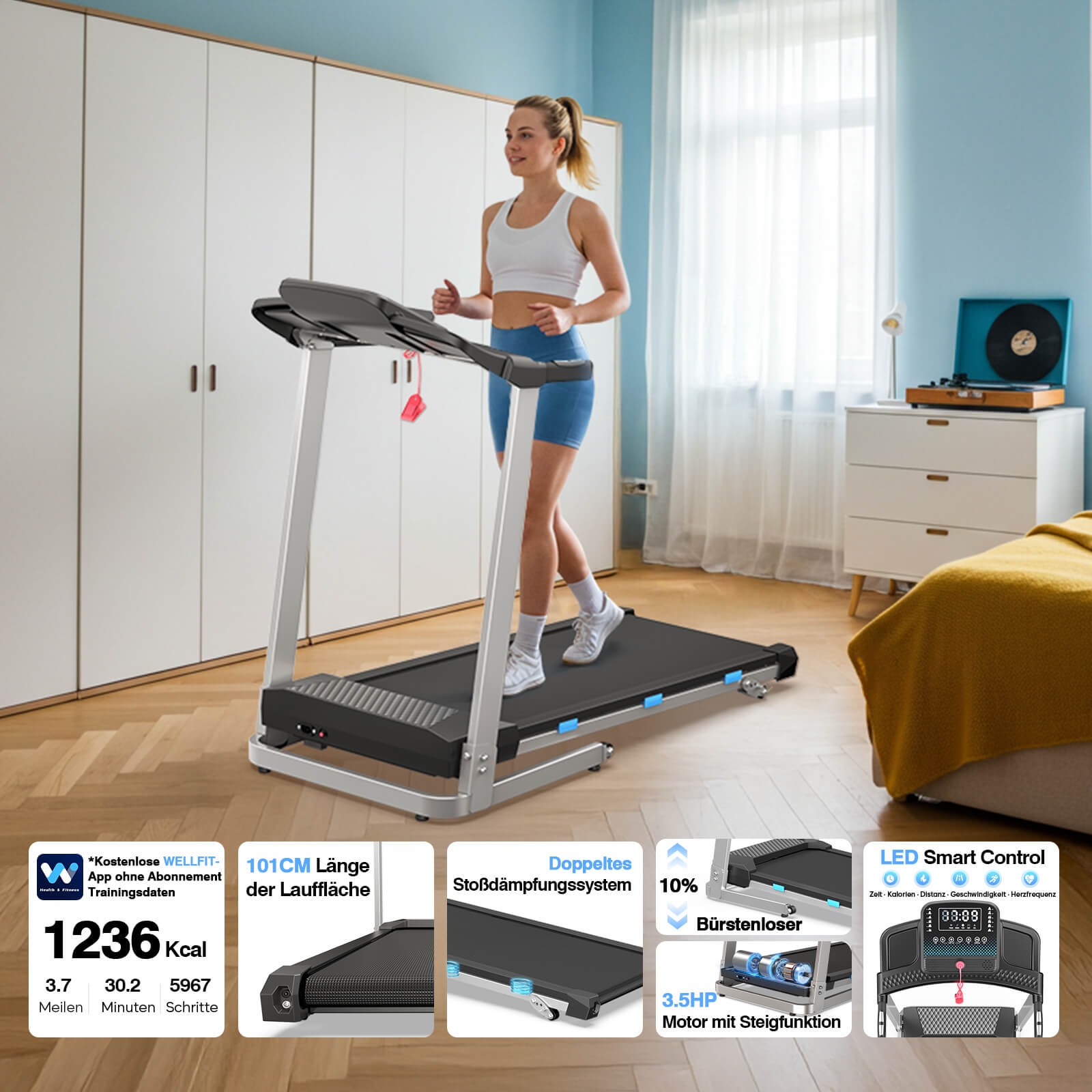 TM015 – Klappbares Laufband mit Steigung und seitlichen Handläufen, 180 kg Tragfähigkeit