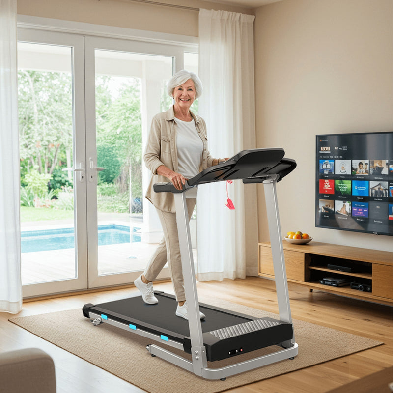 TM015 Foldable Incline Treadmill With Side Rails, 180kg Capacity: Features sturdy dual side rails and high weight support for safe, confident senior walking at home.