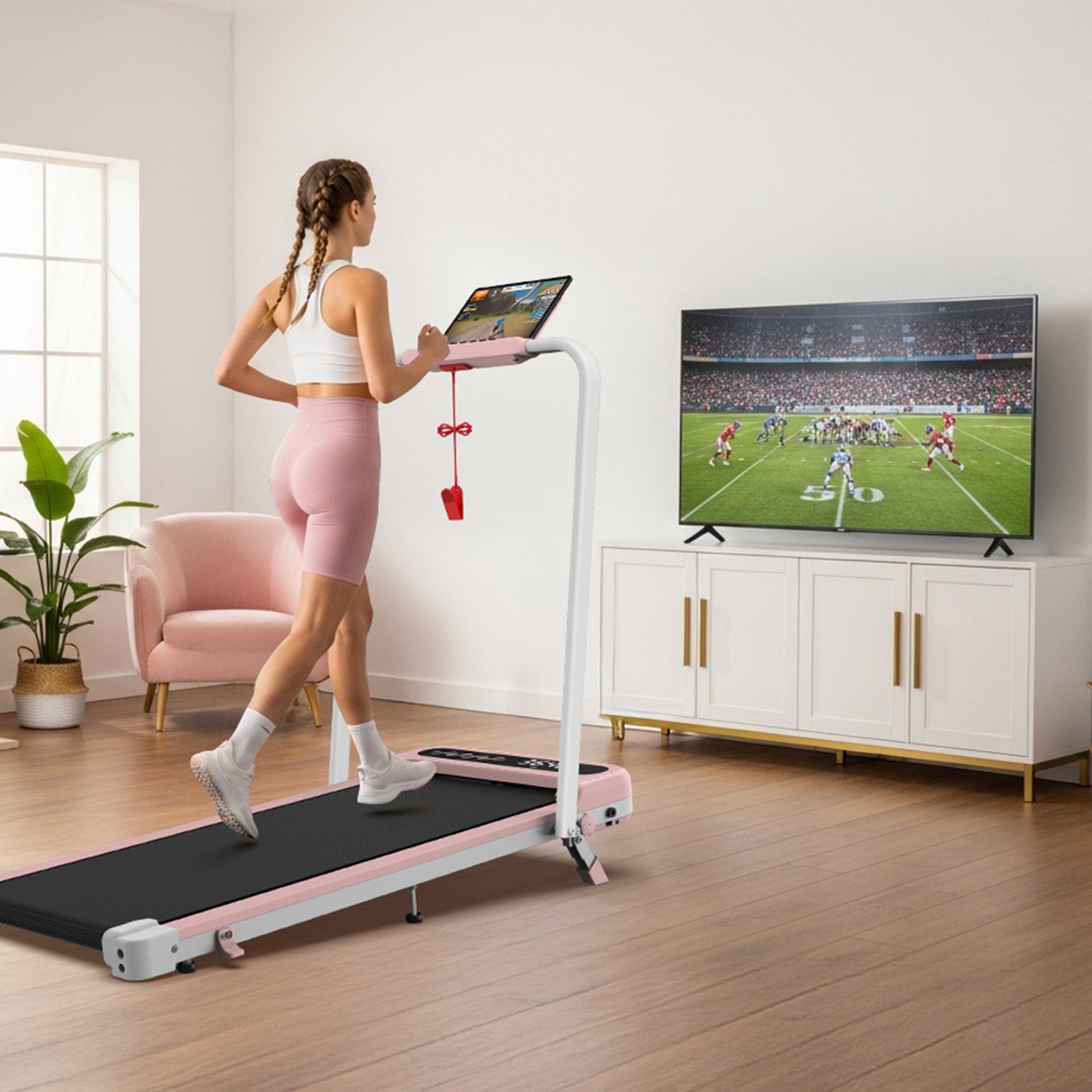 TM037 Pink Walking Pad Folding Treadmill With Incline