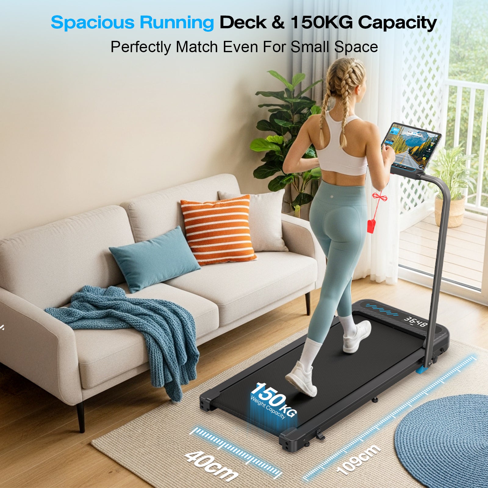 TM037 Folding Treadmill With Incline For Home, spacious 109x40cm deck and 150KG capacity, perfectly fits small spaces without sacrificing stability.