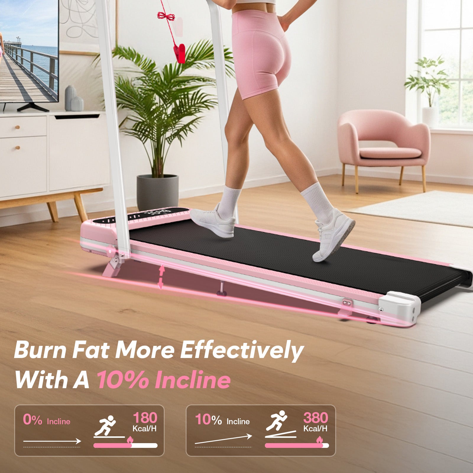 TM037 Pink Walking Pad folding treadmill with 10% incline, burns 380 Kcal/H vs 180 Kcal/H, effective fat burning for women at home